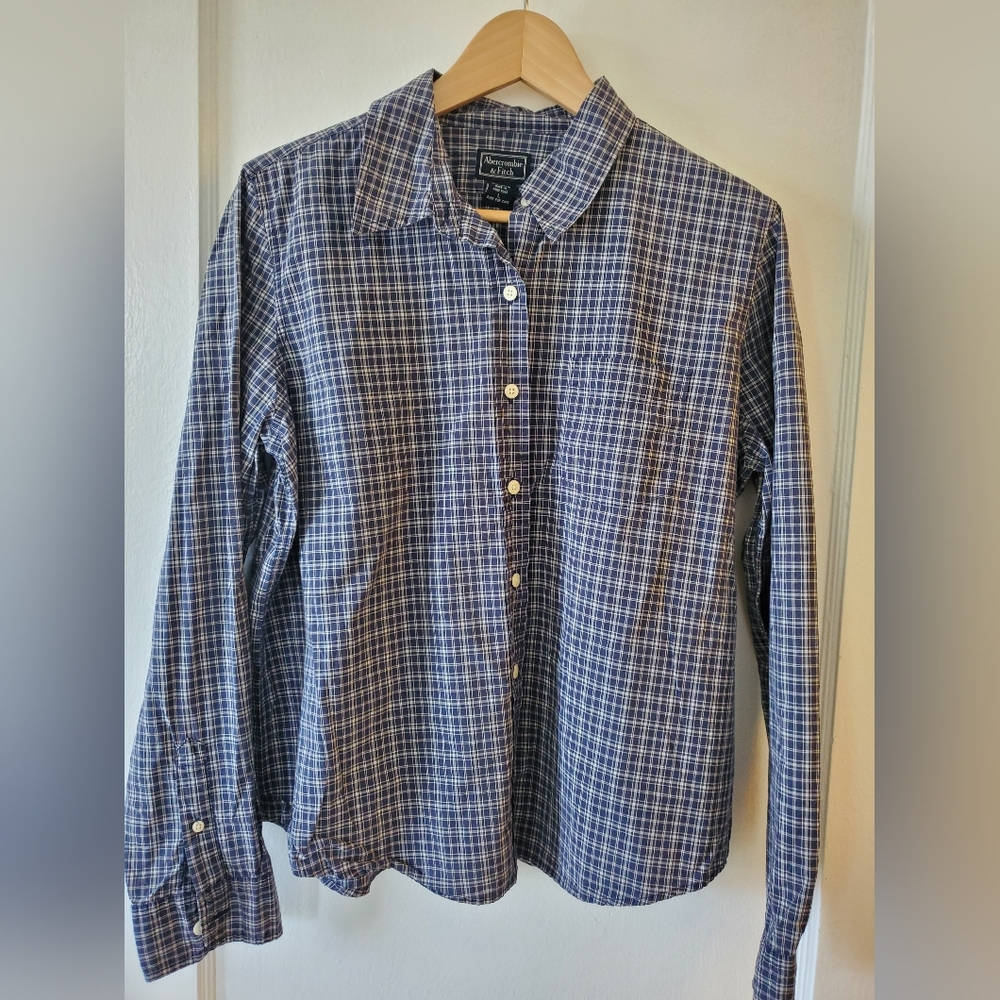 Vintage 90's Abercrombie & Fitch Navy Plaid Button Down Shirt Women's Size L